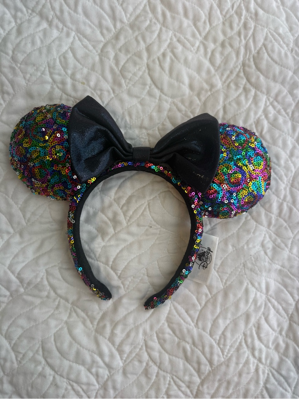 Disney Parks Rainbow Multicolor Sequin Minnie Mouse Ears Black Bow